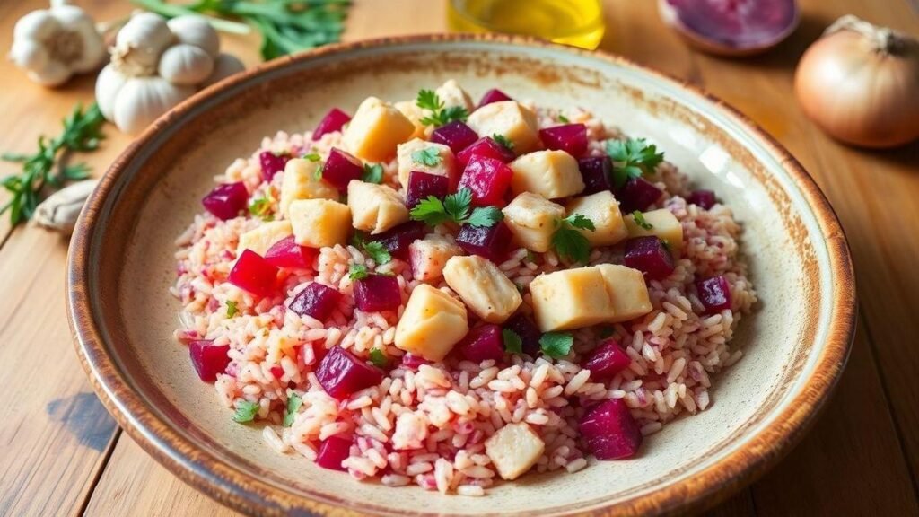 arroz-com-frango-e-beterraba-delicioso-e-colorido-pronto-em-menos-de--minutos-com-ingredientes-sim